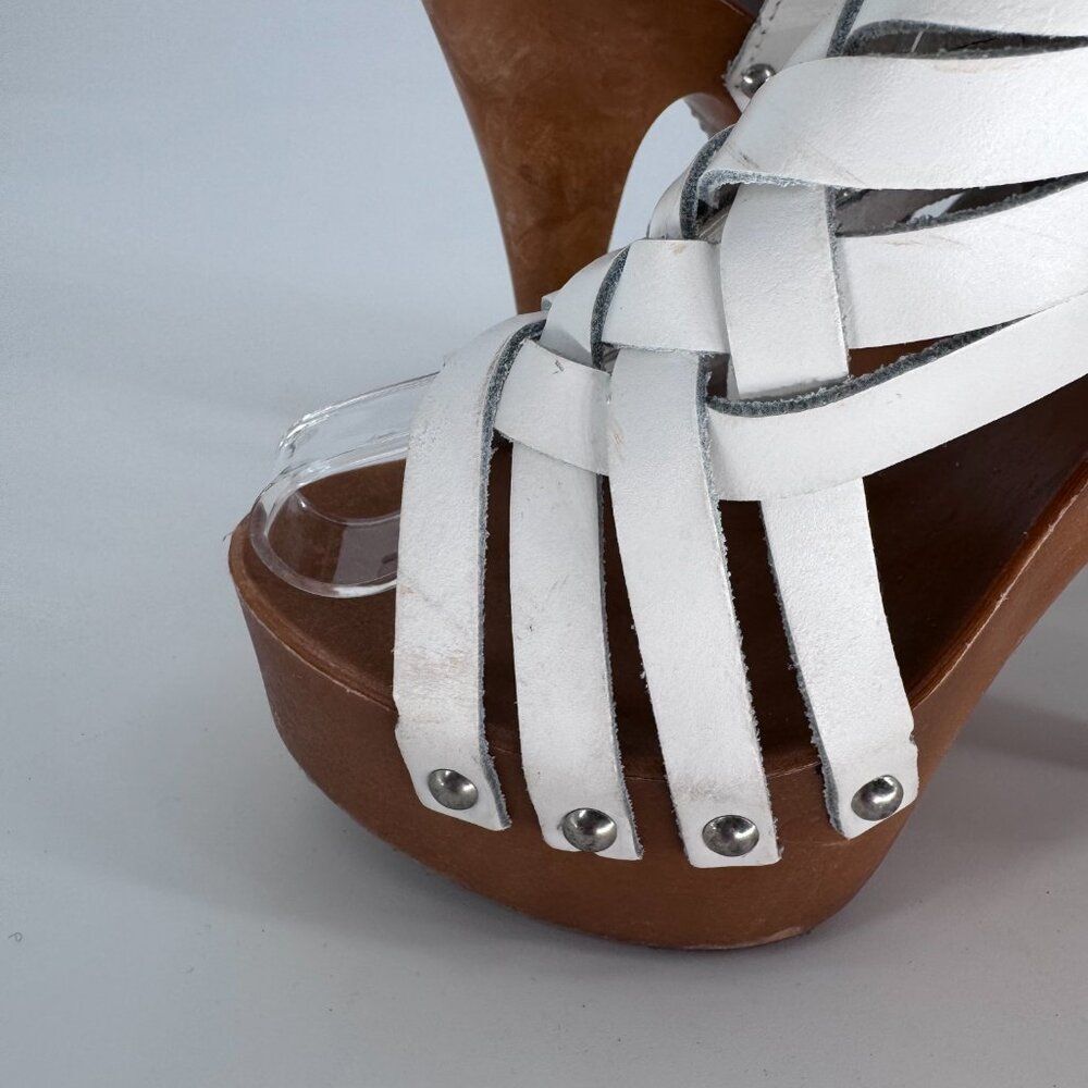 White Leather Woven Y2K Platform Heels Slingback Sandals Size 7 - Picture 10 of 13